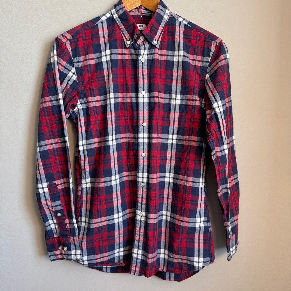 Uniqlo Mens Plaid Button‎ Down Long Sleeve Shirt Red Blue Medium Grunge College